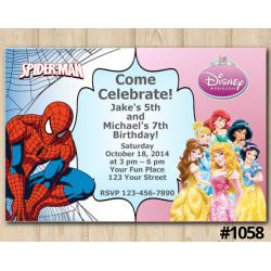 Twin Spiderman and Disney Princesses Invitation